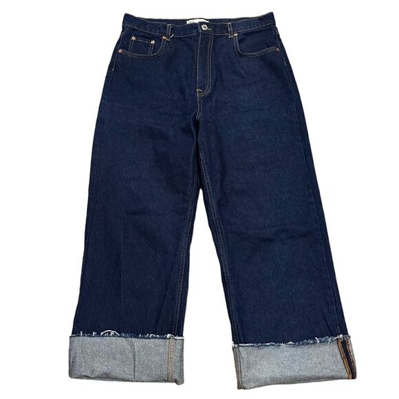 Zara Dark Wash Hi Waisted Straight Leg Jean Raw Hem Ankle Denim Jeans Pants - Picture 2 of 5